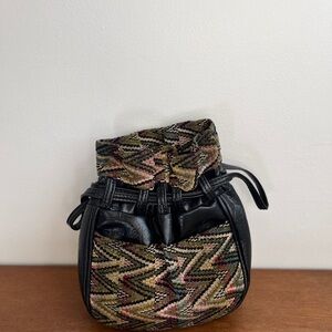 Mini Vintage Drawstring Bucket Bag in Multicolor Tapestry and Black Leather
